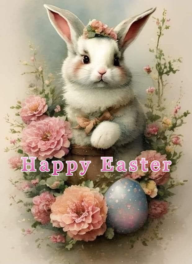 a white rabbit surrounded by pink chrysanthemums and a single eagle that is blue shifting to pink, with white speckles. 
In pink letters is reads Happy Easter across the image.